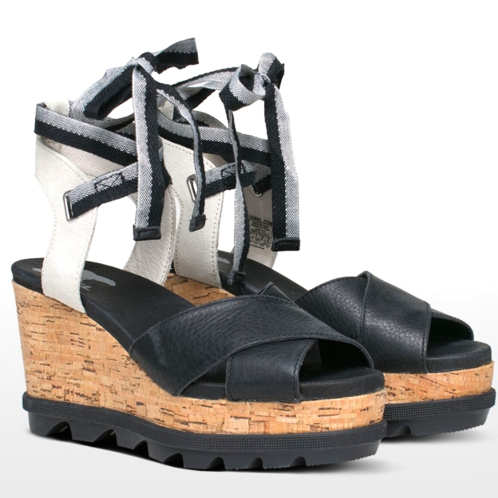 SOREL Joanie II Hi Ankle Lace Up Black Leather Wedge Sandals sz 10